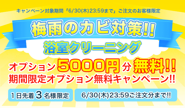 ６月限定「梅雨のカビ対策」浴室清掃キャンペーン【オプション5000円分無料!!】
